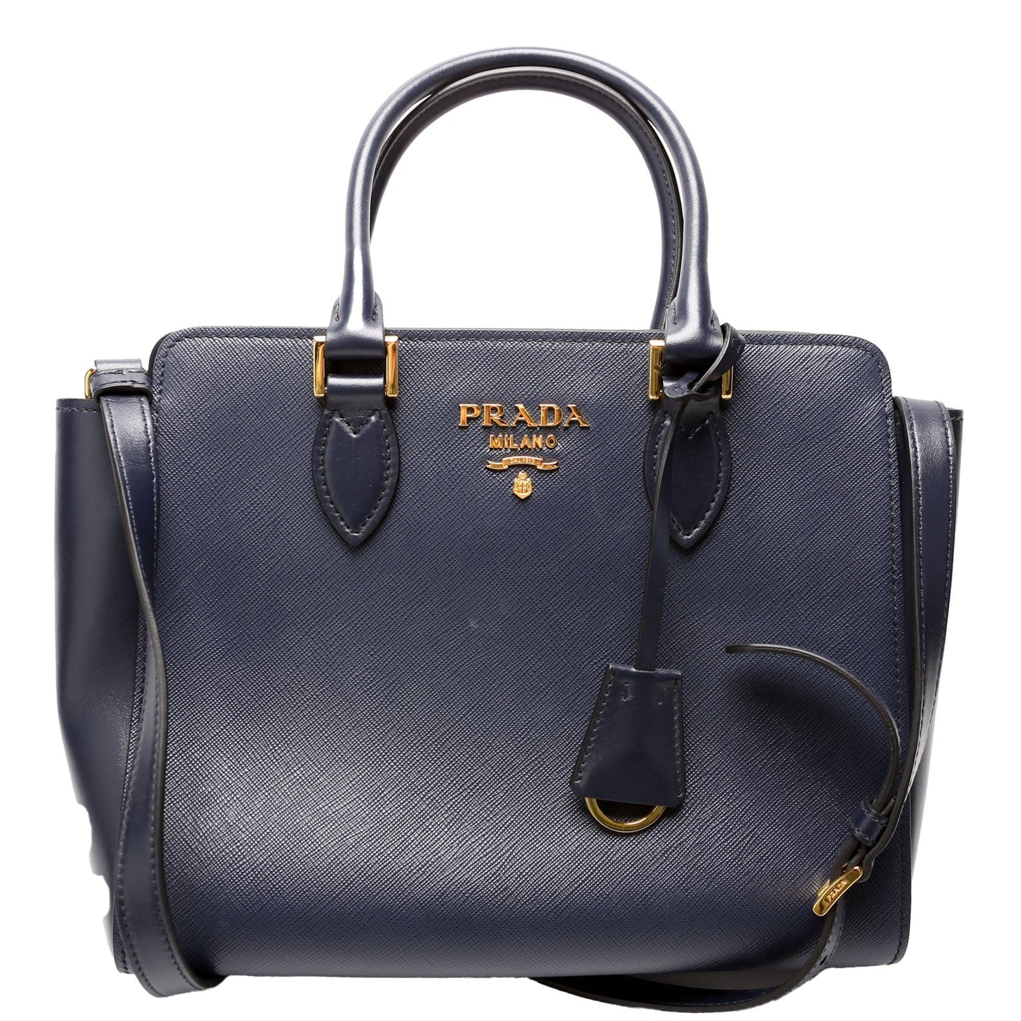 Prada 1BA113 Saffiano/Calfskin Top Handle Navy Bag