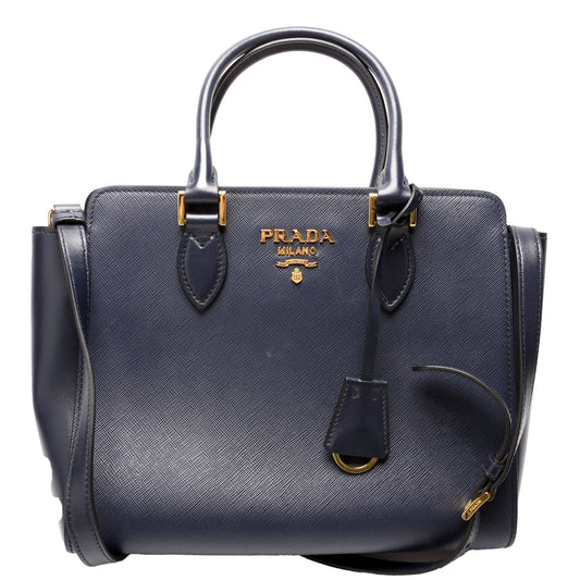 Prada 1BA113 Saffiano/Calfskin Top Handle Navy Bag