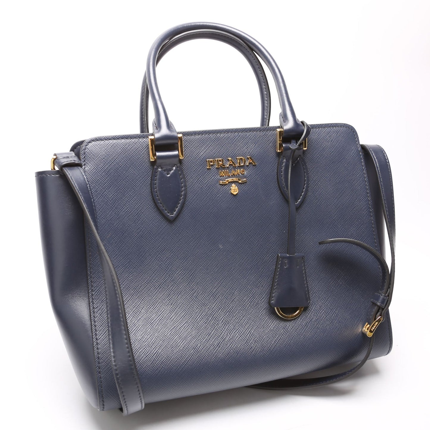 Prada 1BA113 Saffiano/Calfskin Top Handle Navy Bag