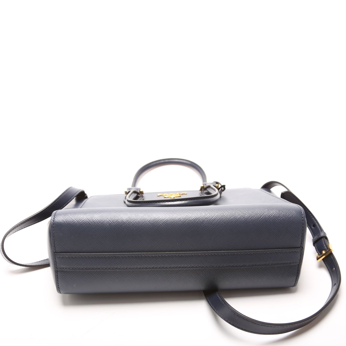 Prada 1BA113 Saffiano/Calfskin Top Handle Navy Bag
