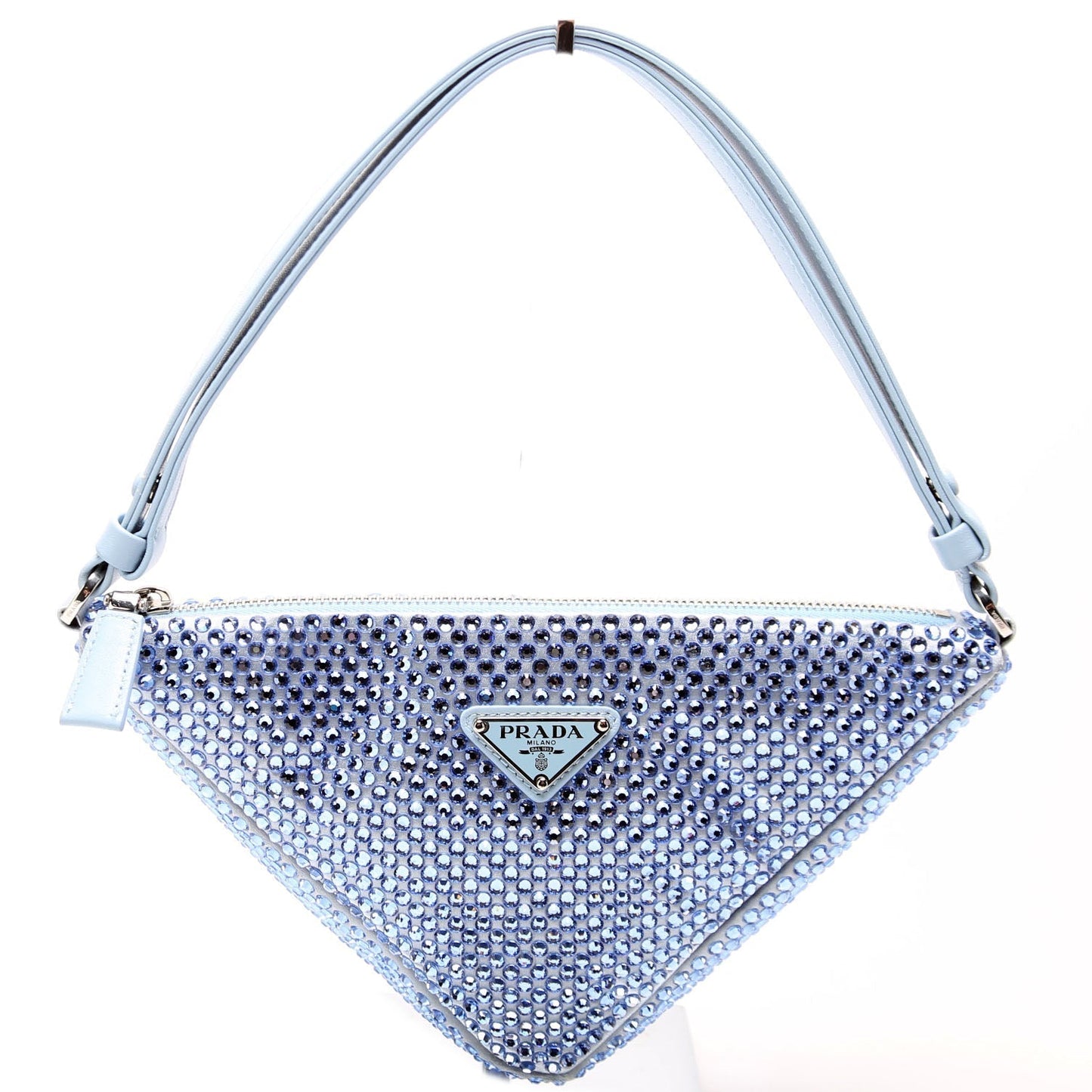 Prada 1BC190 Crystal Satin Triangle Pouch Blue Bag