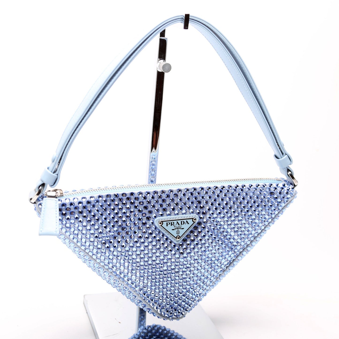 Prada 1BC190 Crystal Satin Triangle Pouch Blue Bag