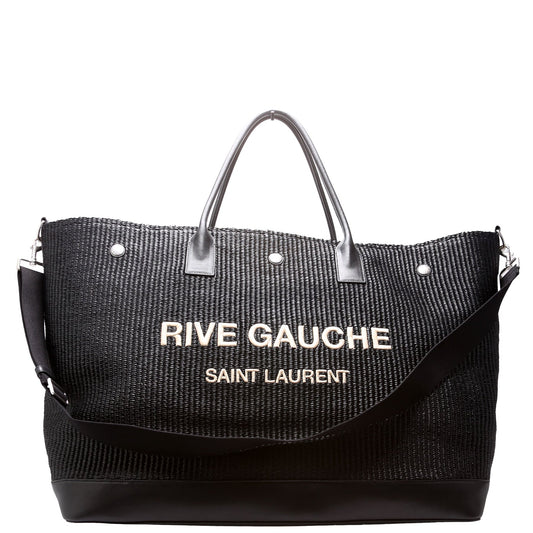 Saint Laurent Rive Gauche Raffia Calfskin Maxi Tote 718554 Black Bag