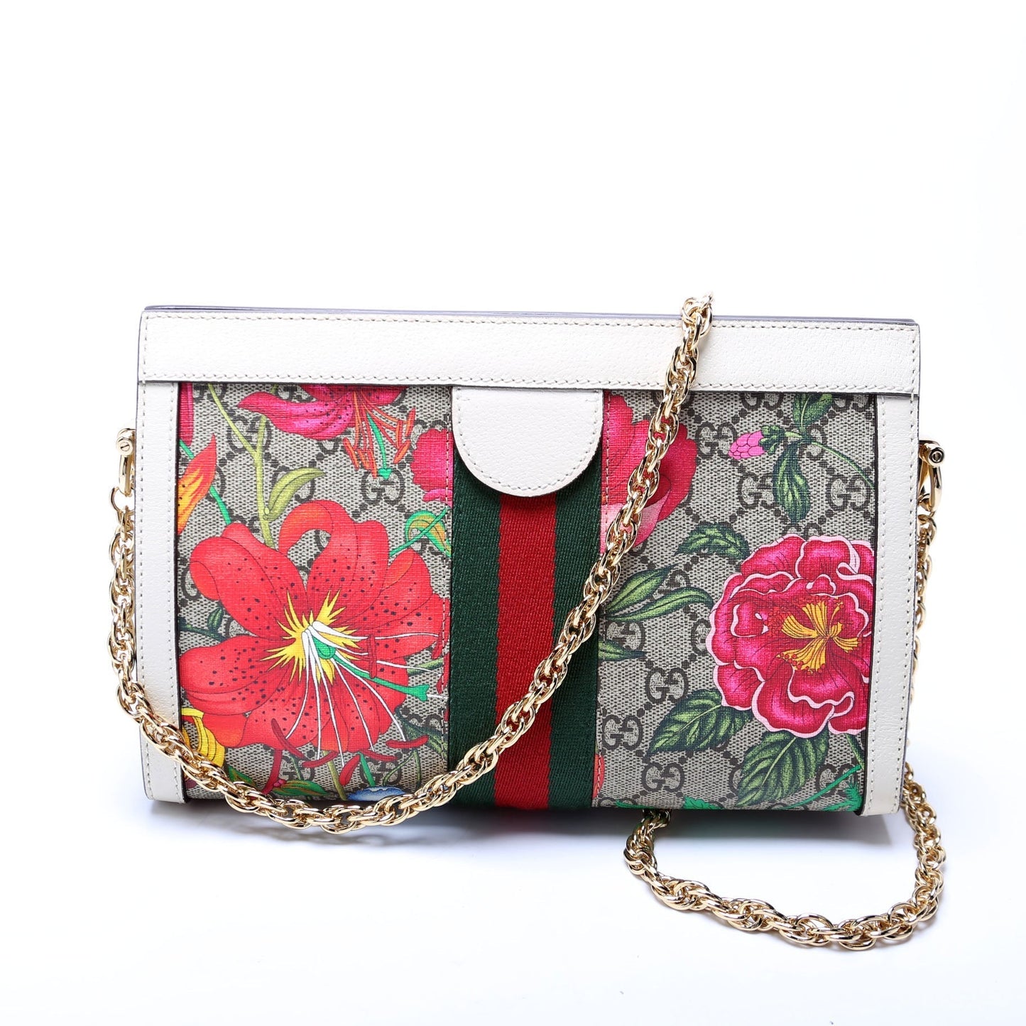 Gucci 503877 GG Supreme Flora Ophidia Small Chain White Bag