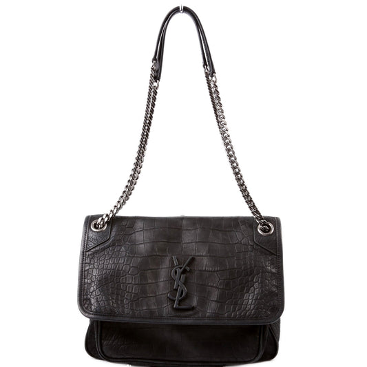 Saint Laurent 498894 Niki Medium Nubuck Croc Embossed Black Bag