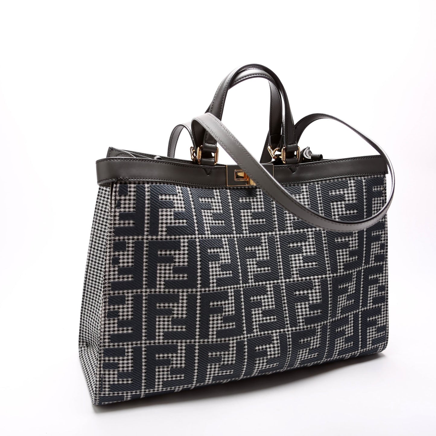Fendi 8BH374 Peekaboo FF Wool Houndstooth X-Tote Blue Bag