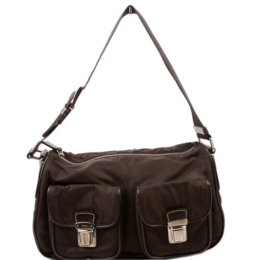 Prada Nylon Double Pocket Shoulder Vintage Brown Bag