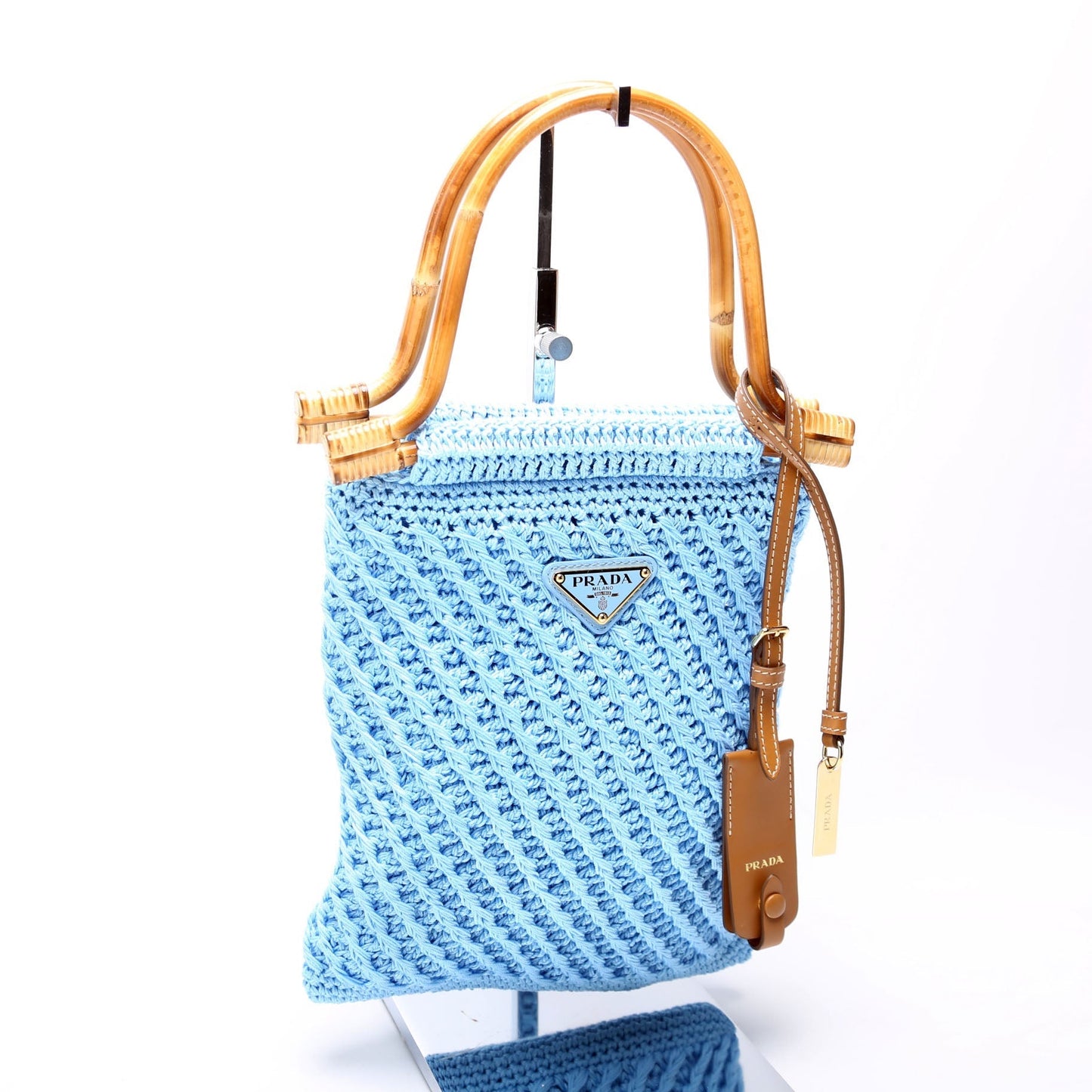 Prada 1BA461 Crochet Mini Bamboo Top Handle Blue Bag