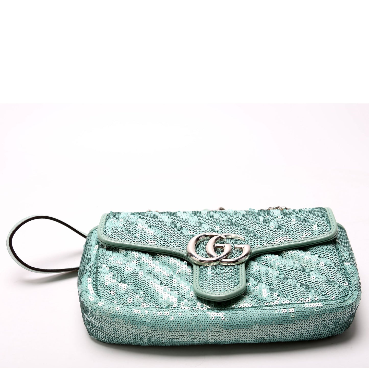 Gucci 446744 Marmont Sequin Shoulder Mini Flap Teal Bag