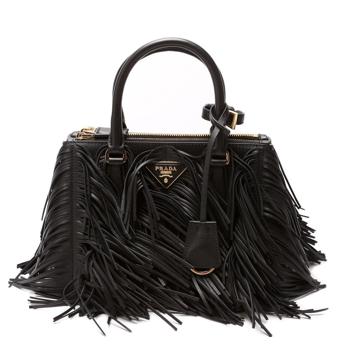 Prada 1BA896 Leather Fringe Galleria Small Black Bag