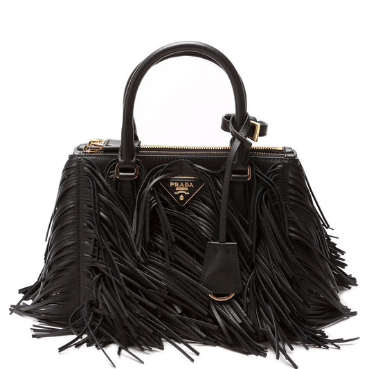 Prada 1BA896 Leather Fringe Galleria Small Black Bag