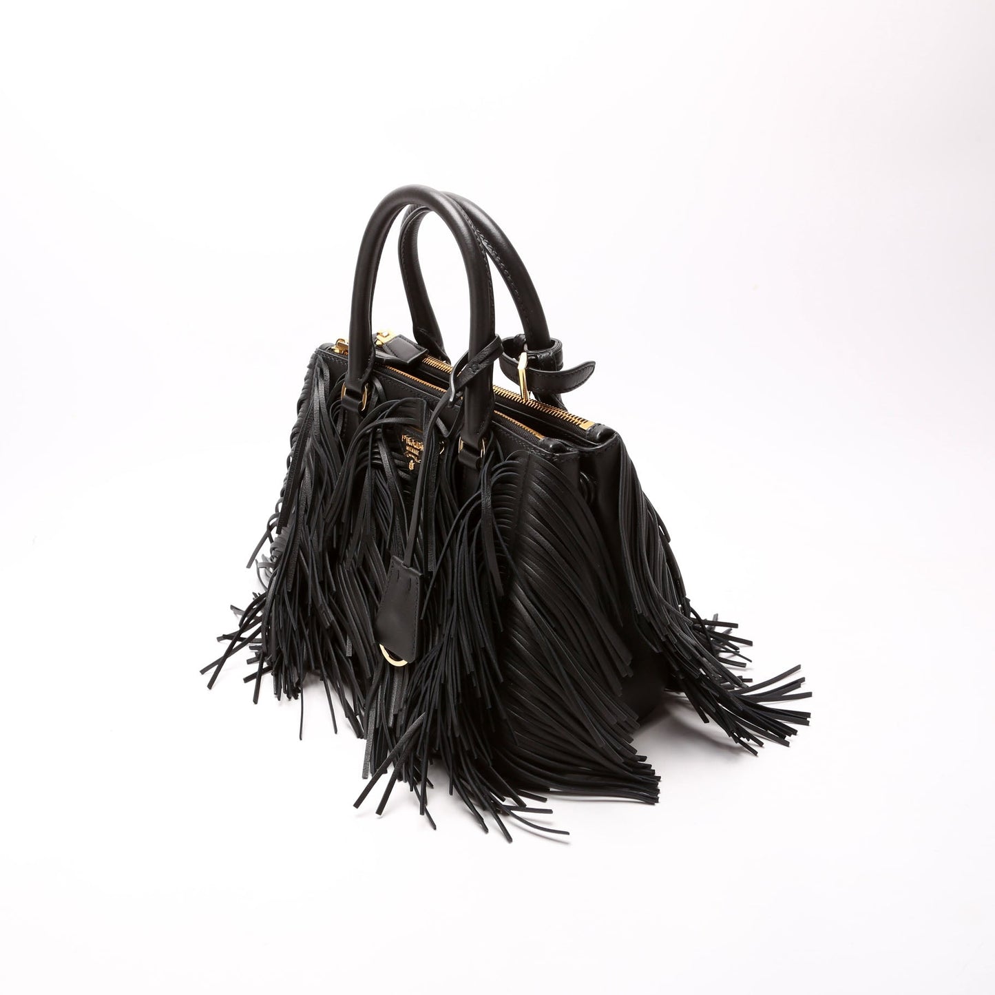 Prada 1BA896 Leather Fringe Galleria Small Black Bag