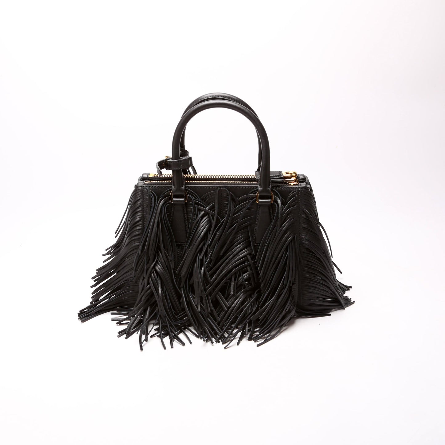 Prada 1BA896 Leather Fringe Galleria Small Black Bag