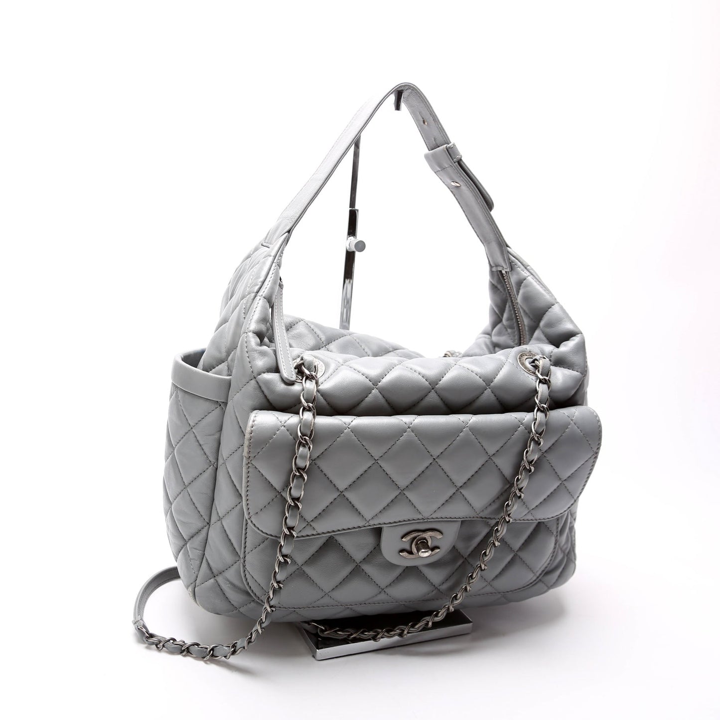 Chanel Front Pocket Flap Hobo Quilted Lambskin 20M Grey Bag