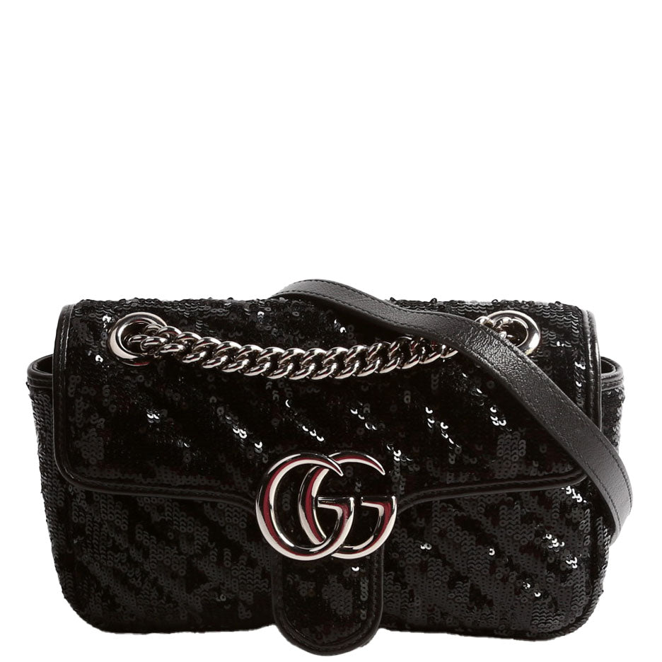 Gucci 446744 Marmont Sequin Shoulder Mini Flap Black Bag