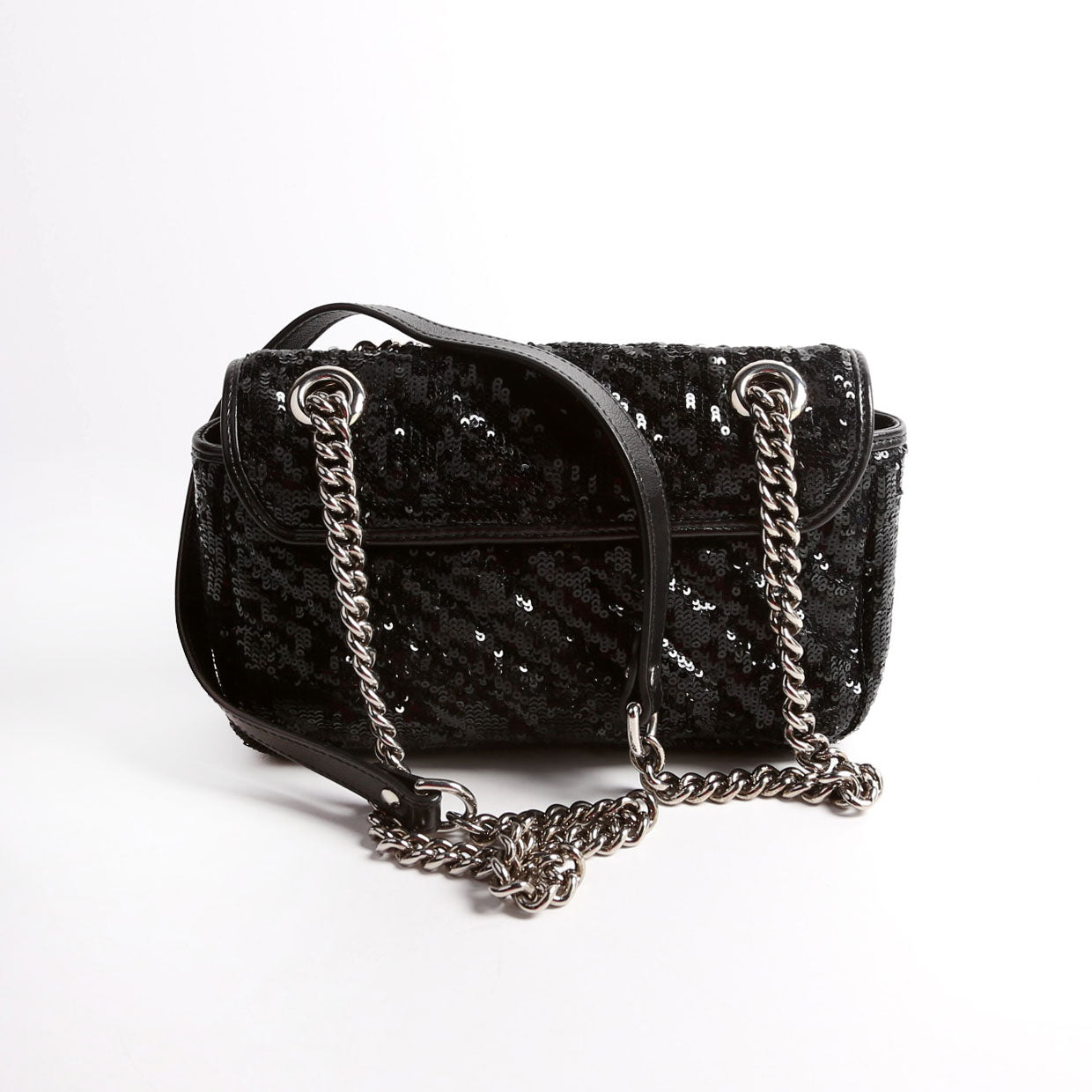 Gucci 446744 Marmont Sequin Shoulder Mini Flap Black Bag