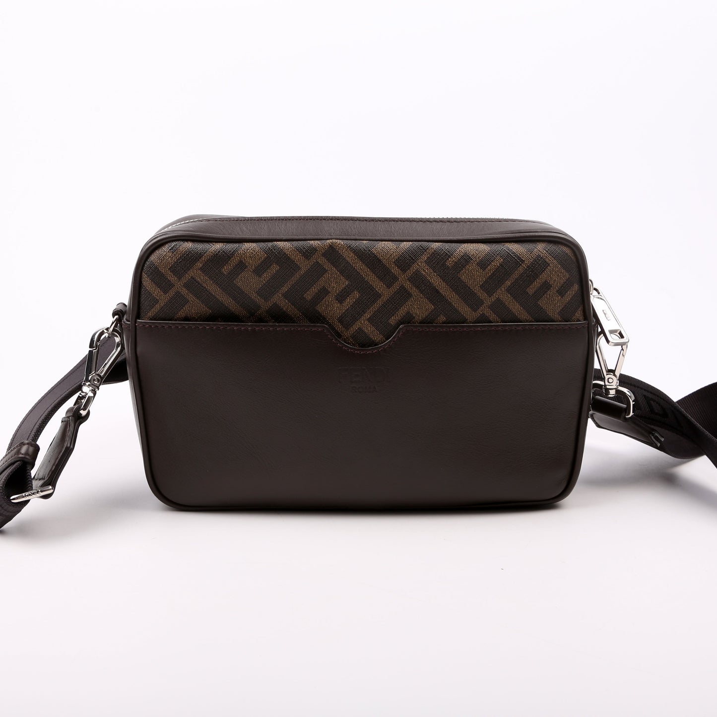 Fendi 7M0286 Zucca Roma Logo/Leather Camera Case Brown Bag