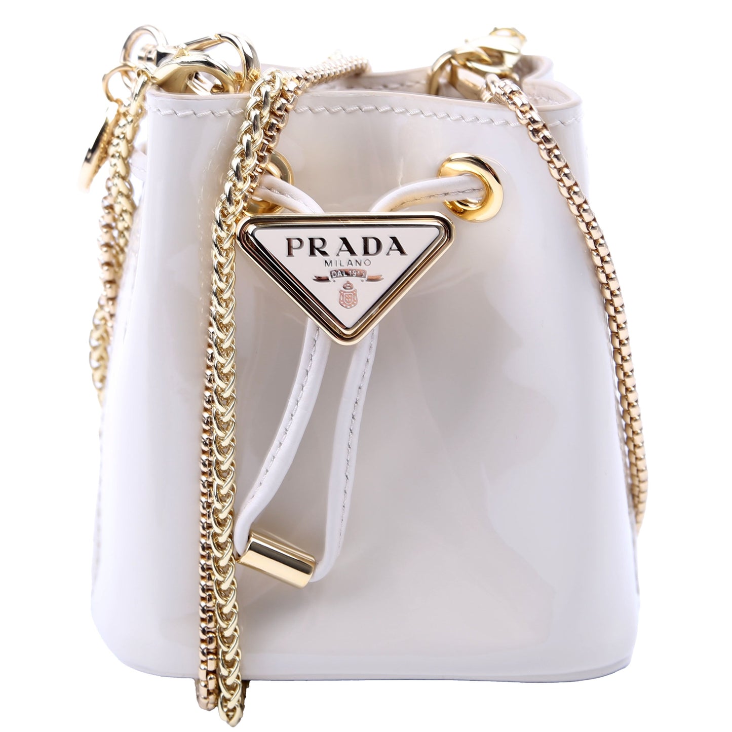 Prada Mini Drawcord Triangle Logo Vernice Shoulder White Bag