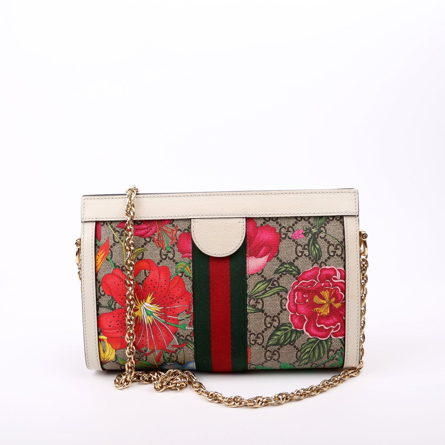 Gucci 503877 GG Supreme Flora Ophidia Small Chain White Bag