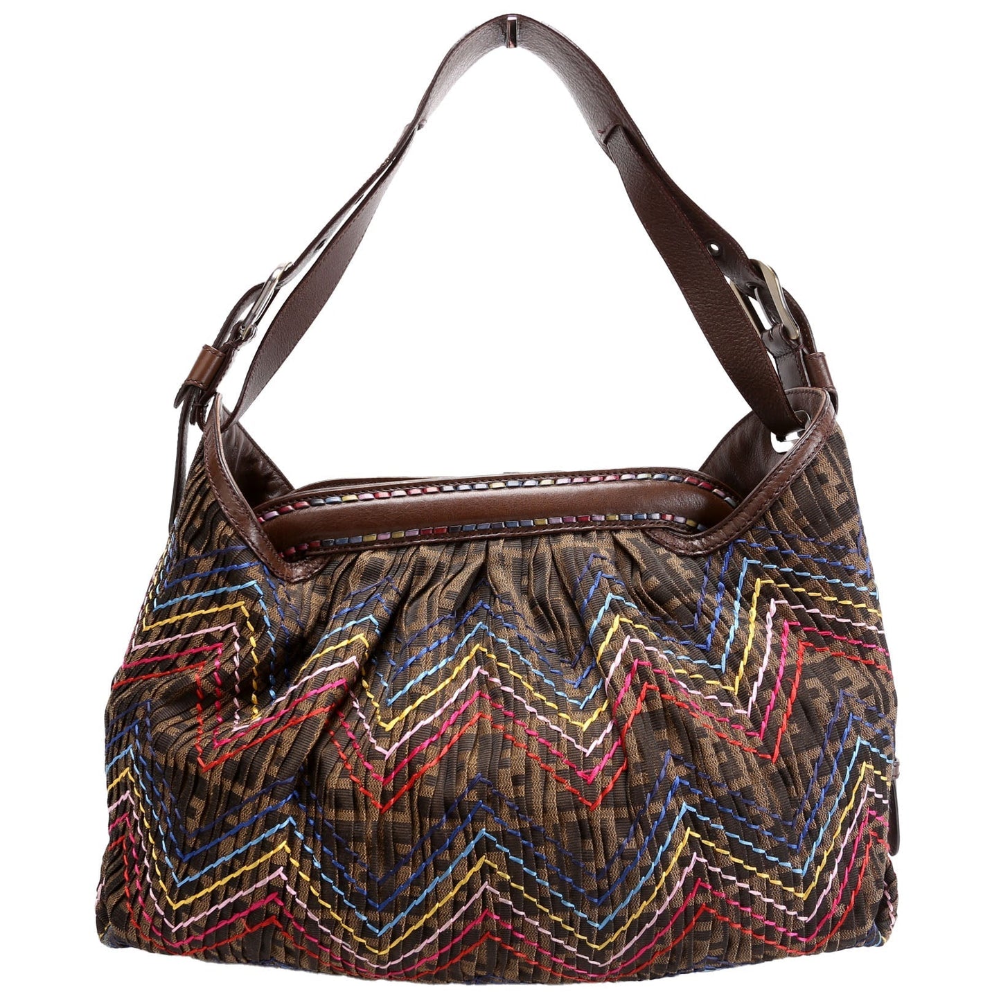 Fendi 8BR579 Pleated Zucca Embroidered Doctor B Hobo Brown/Multicolor Bag