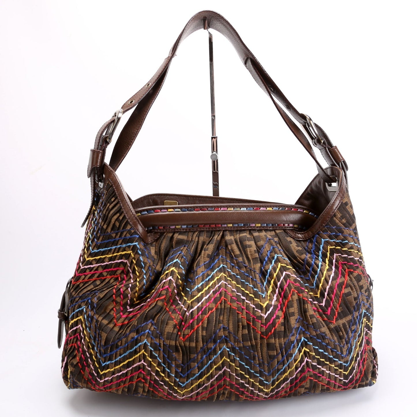 Fendi 8BR579 Pleated Zucca Embroidered Doctor B Hobo Brown/Multicolor Bag