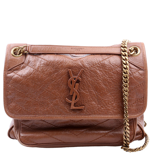 Saint Laurent Niki Medium Crinkle Leather Brown Bag