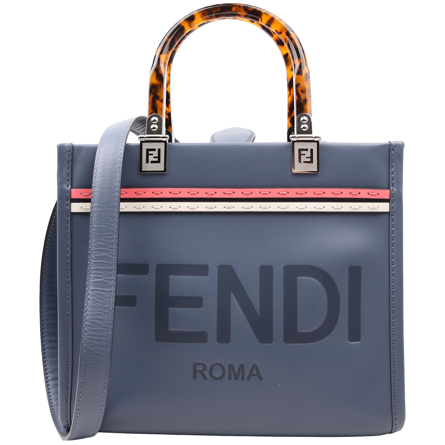 Fendi Sunshine Shopper Small Leather Tote Blue Bag