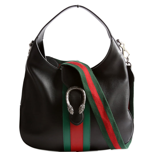 Gucci 44687 Web Stripe Dionysus Leather Hobo Black Bag