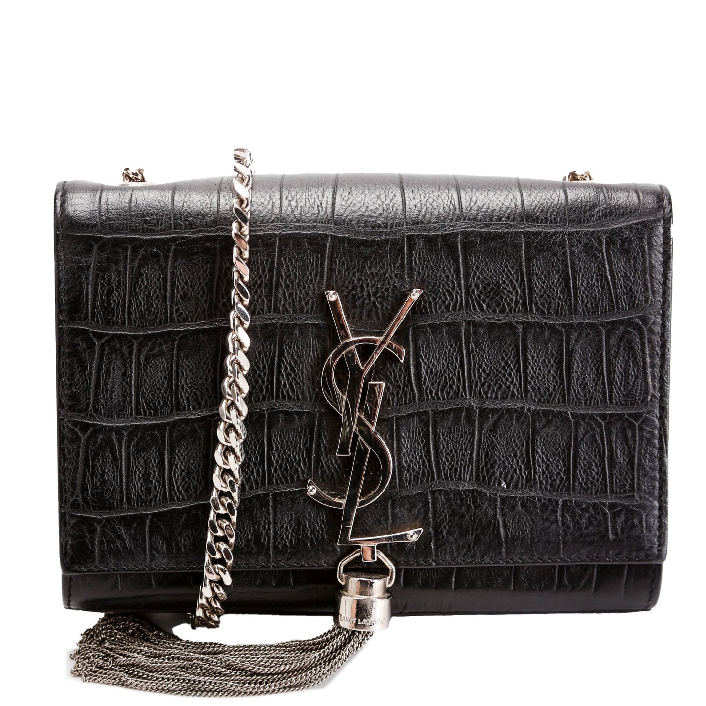 Saint Laurent Kate Tassel Crocodile Embossed Small 354120 Black Bag