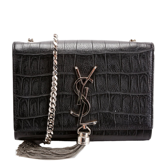 Saint Laurent Kate Tassel Crocodile Embossed Small 354120 Black Bag