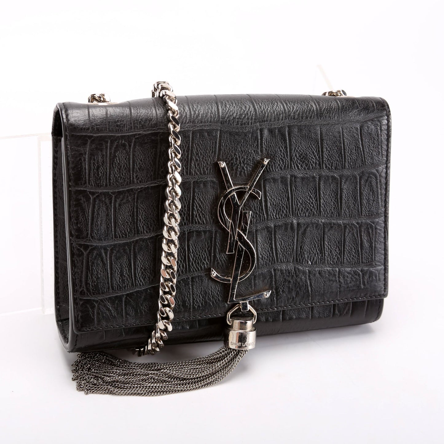 Saint Laurent Kate Tassel Crocodile Embossed Small 354120 Black Bag