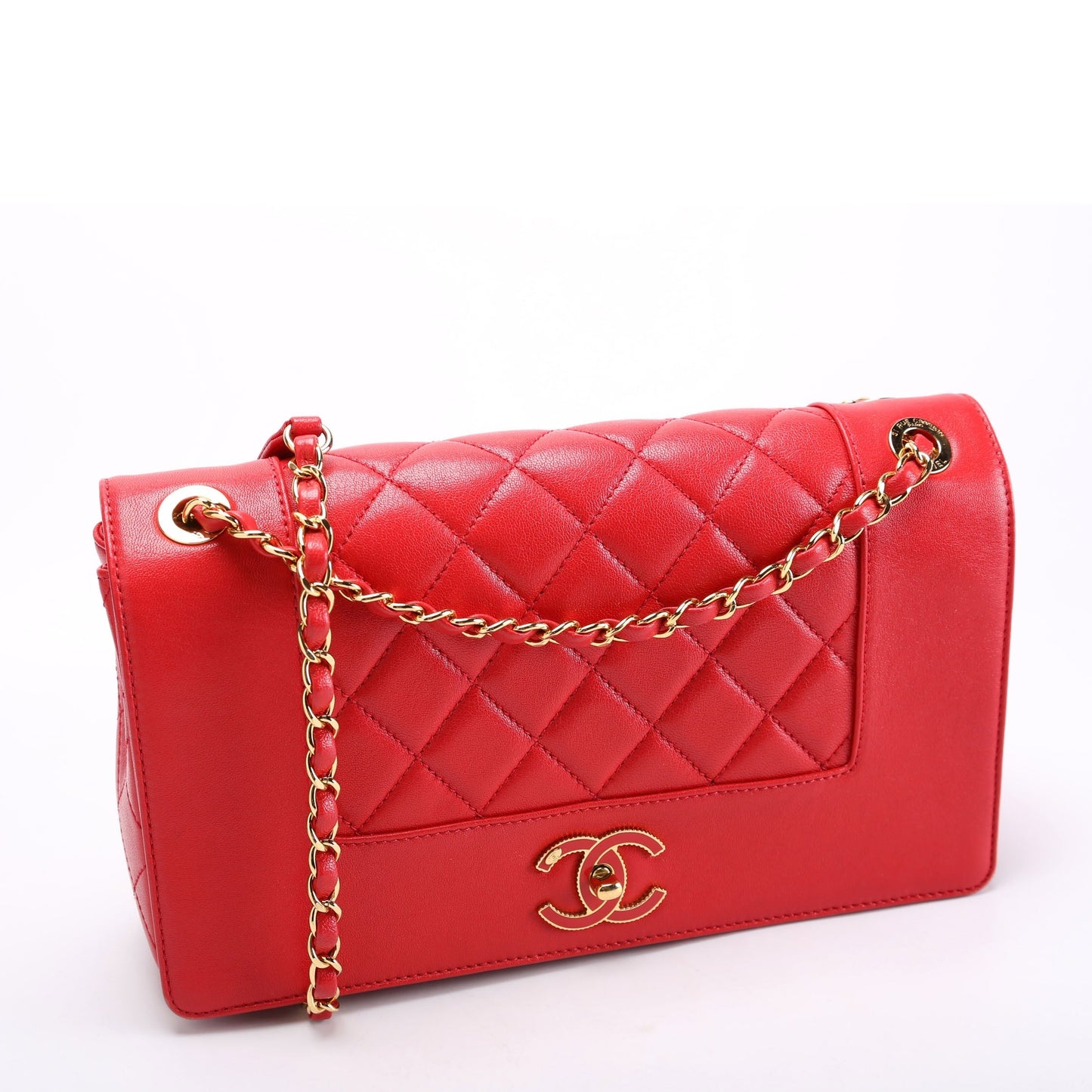 Chanel Mademoiselle Vintage Flap Quilted Shiny Sheepskin Red/Gold Bag