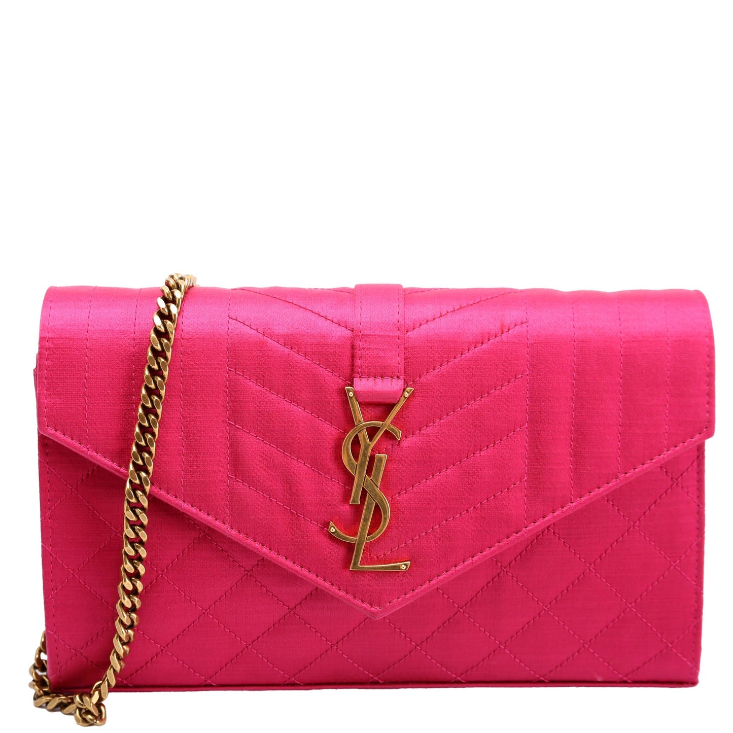 Saint Laurent Triquilt Satin Chain Wallet Pink/Gold Bag