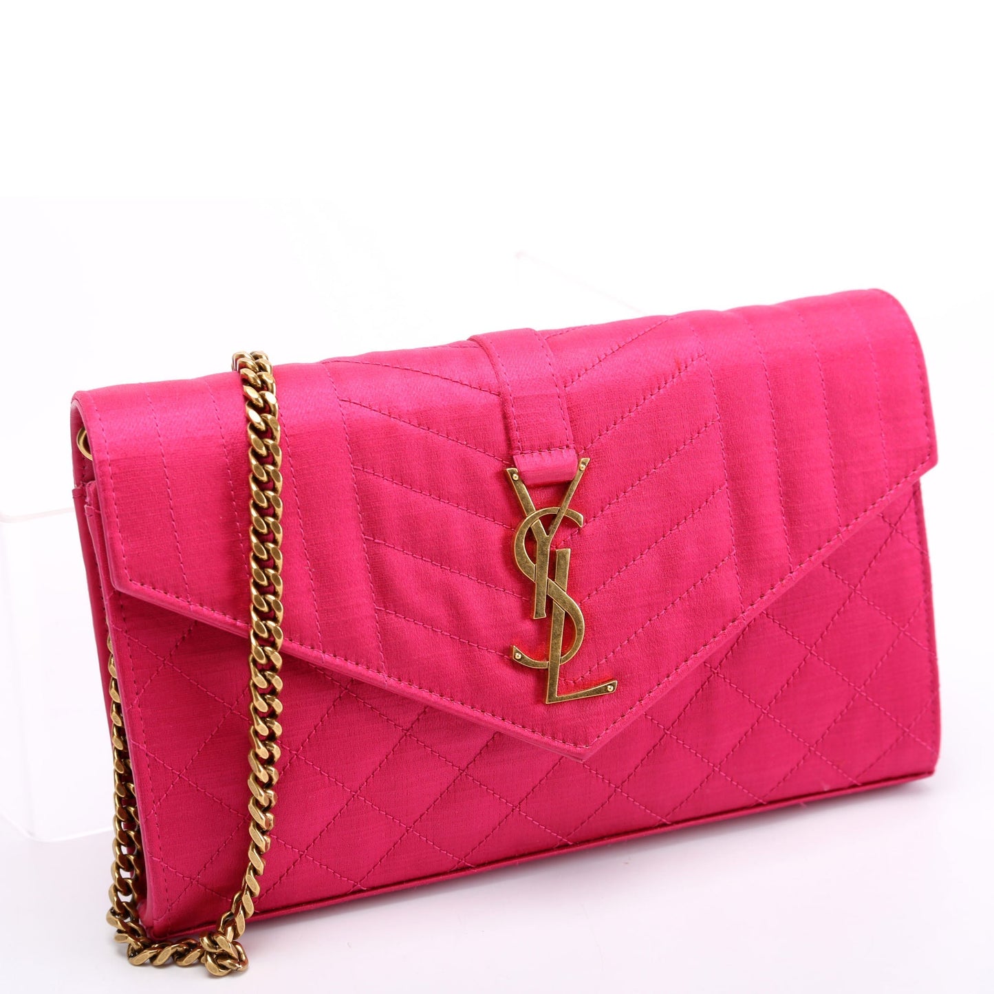 Saint Laurent Triquilt Satin Chain Wallet Pink/Gold Bag