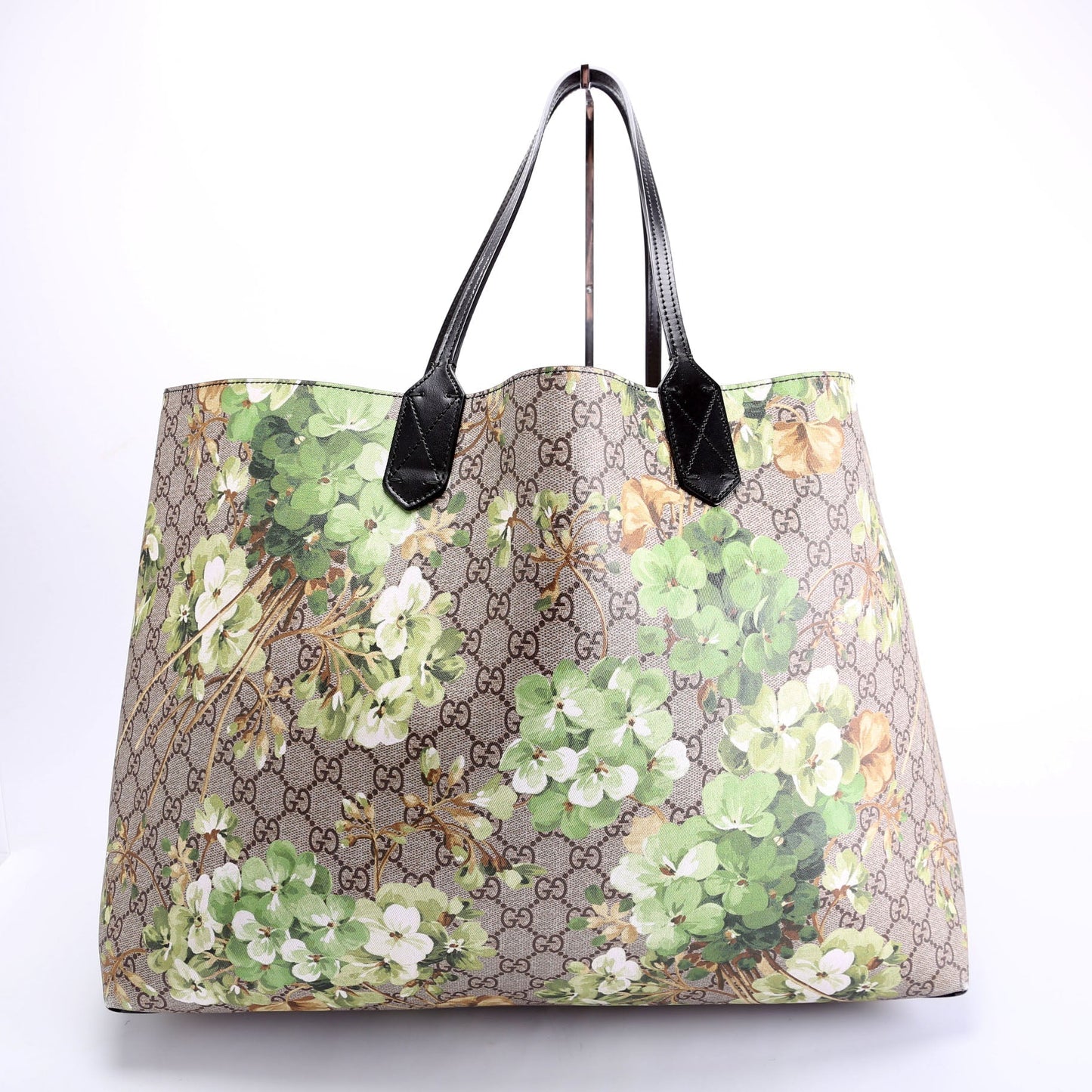 Gucci 368568 GG Blooms Reverse Medium Tote Beige/Green/Black Bag