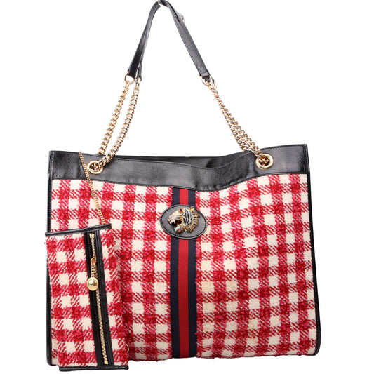 Gucci 537219 Rajah Chain GG Tweed Tote Red/Pink Bag