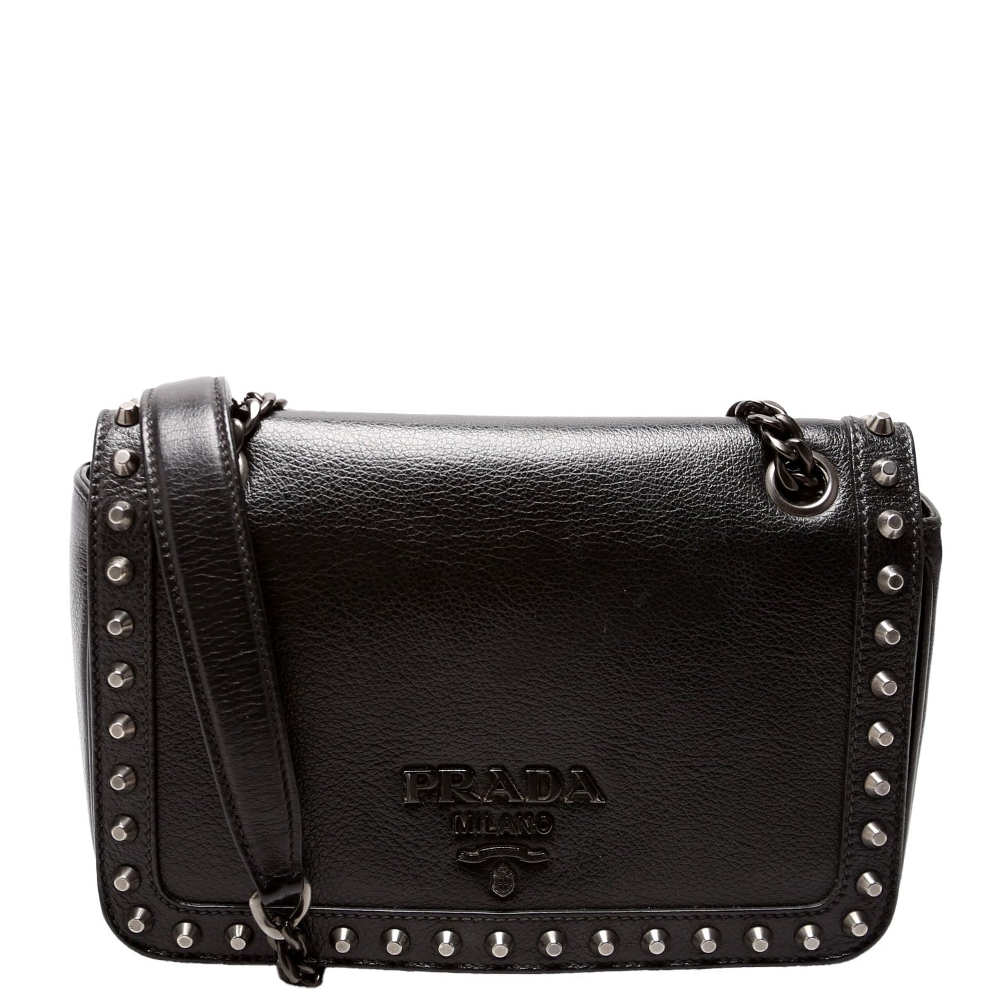 Prada 1BD147 Glace Calfskin Studded Crossbody Black Bag