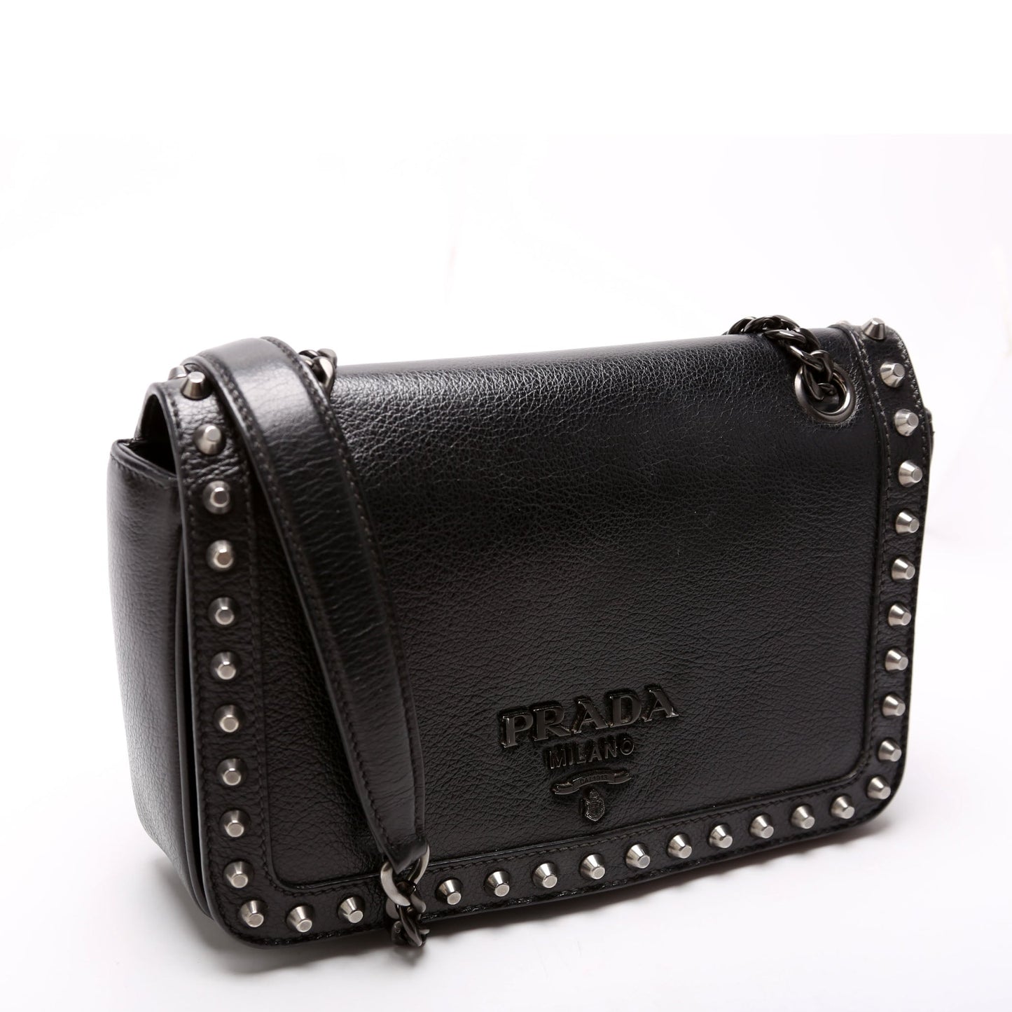 Prada 1BD147 Glace Calfskin Studded Crossbody Black Bag
