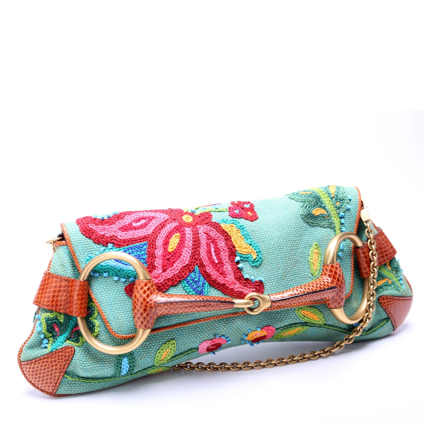 Gucci X Tom Ford Horsebit Embroidered Chain Clutch 123218 Teal/Multicolor Bag