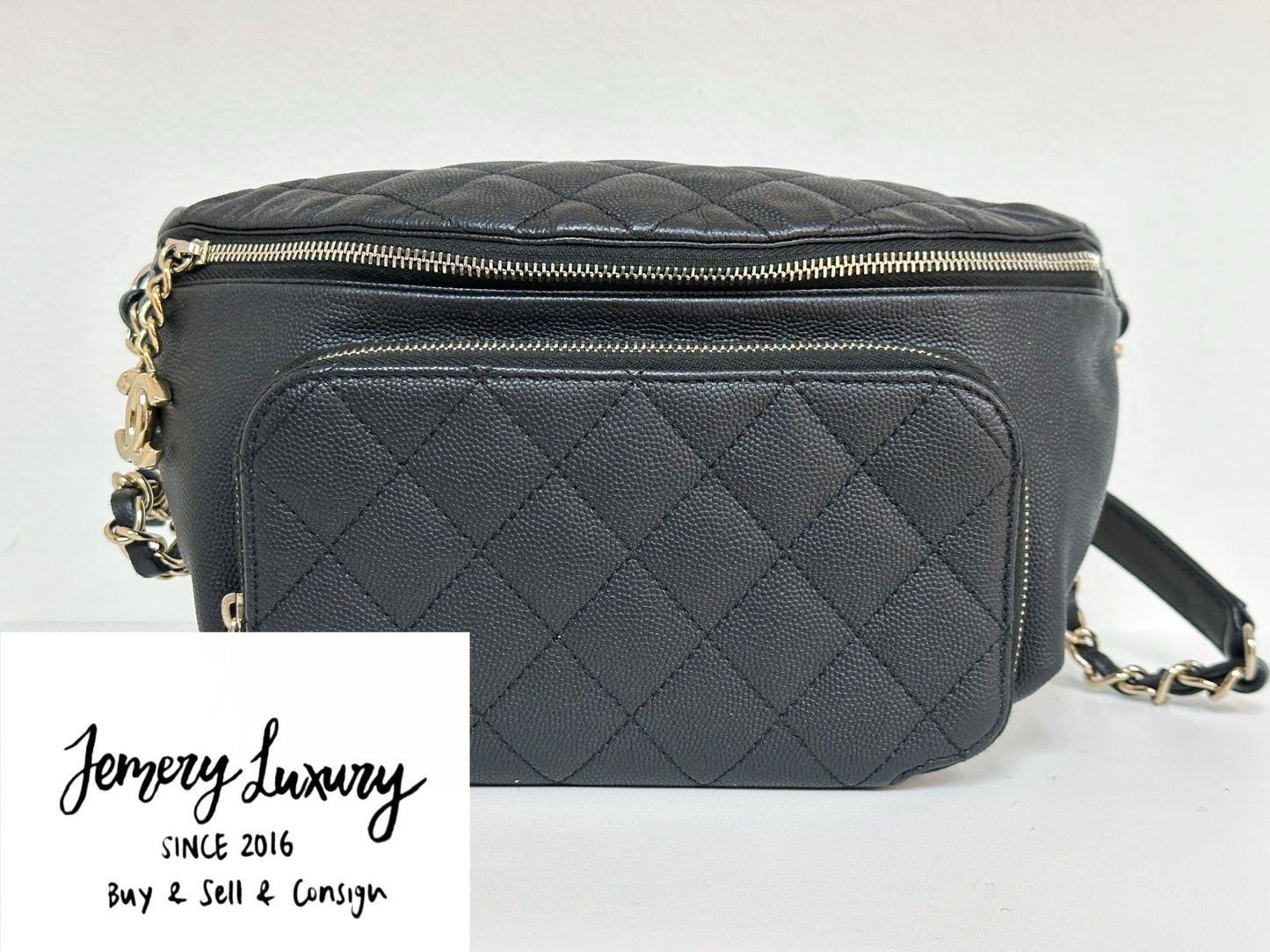 Chanel Black Quilted Caviar Leather Business Affinity Waist Belt Bag 2822 holo card