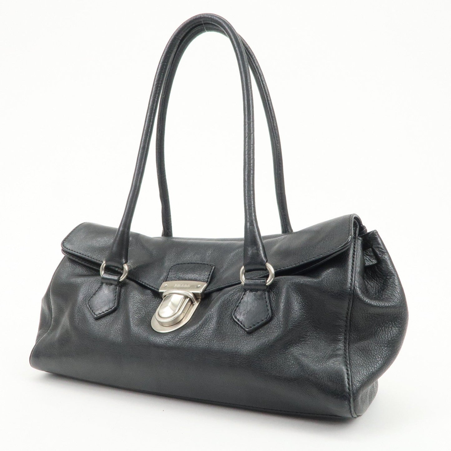 PRADA Triangle Logo Leather Shoulder Bag Hand Bag Black