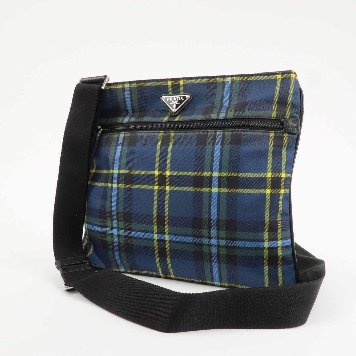 PRADA Triangle Logo Nylon Plaid Shoulder Bag Navy Multicolor VA053M