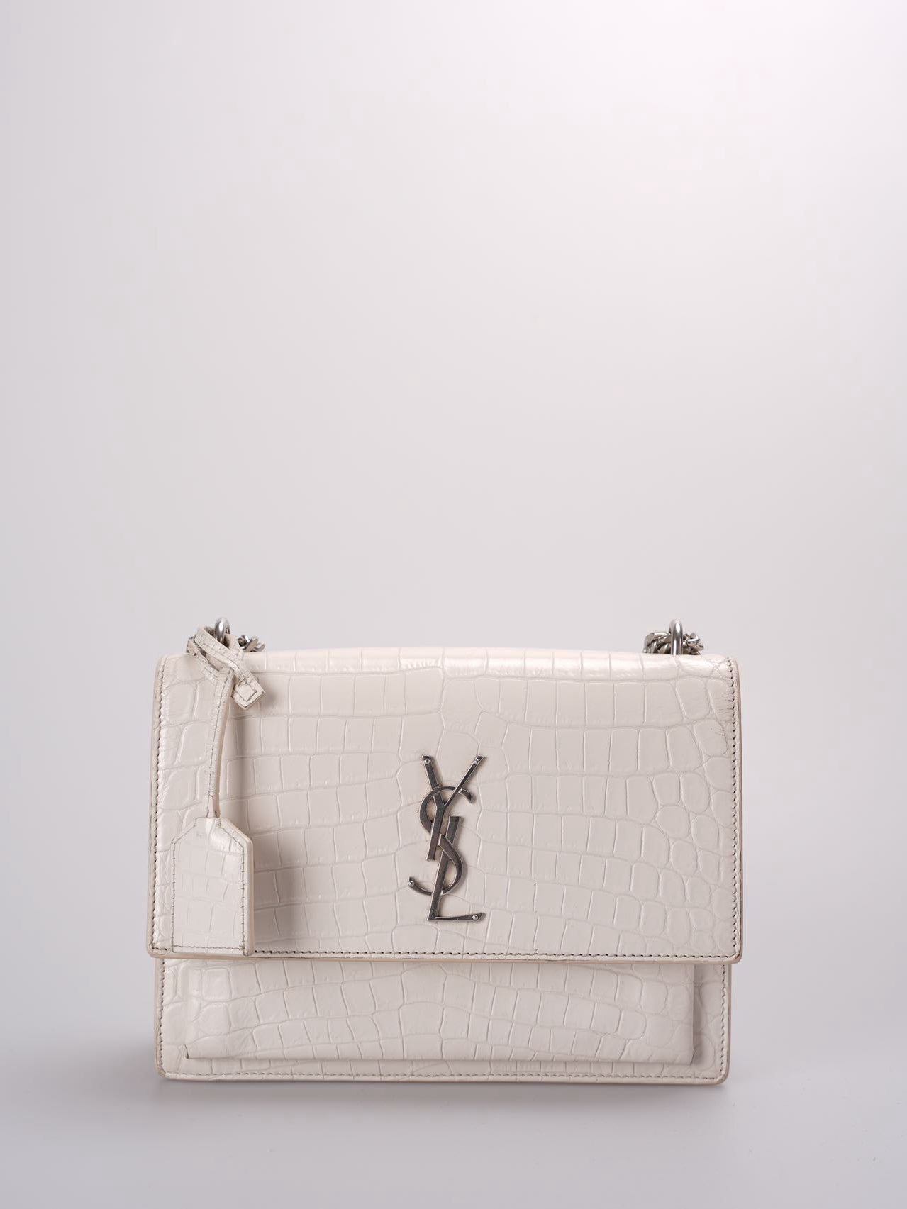 Saint Laurent YSL Sunset Medium Crocodile Embossed Leather Bag in Ivory