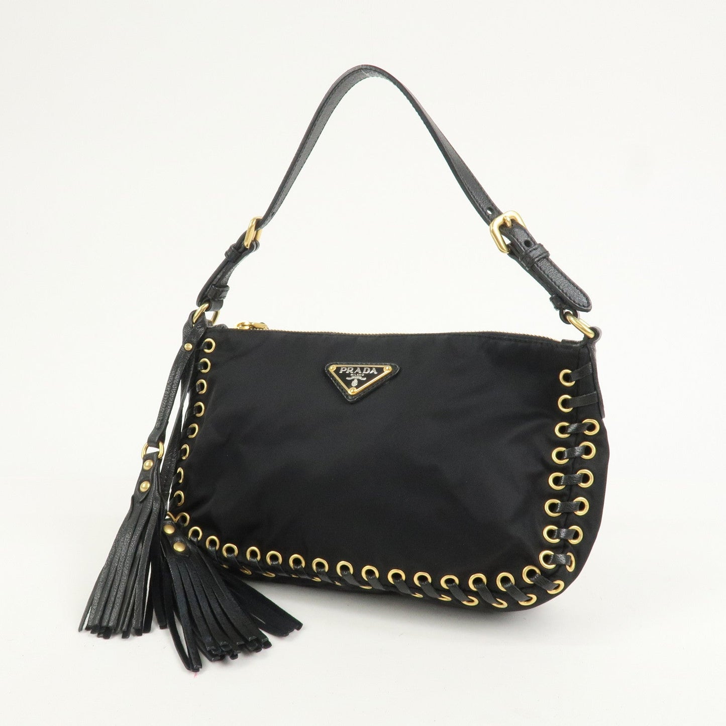 PRADA Triangle Logo Nylon Leather Shoulder Bag Tassel Black BR3754