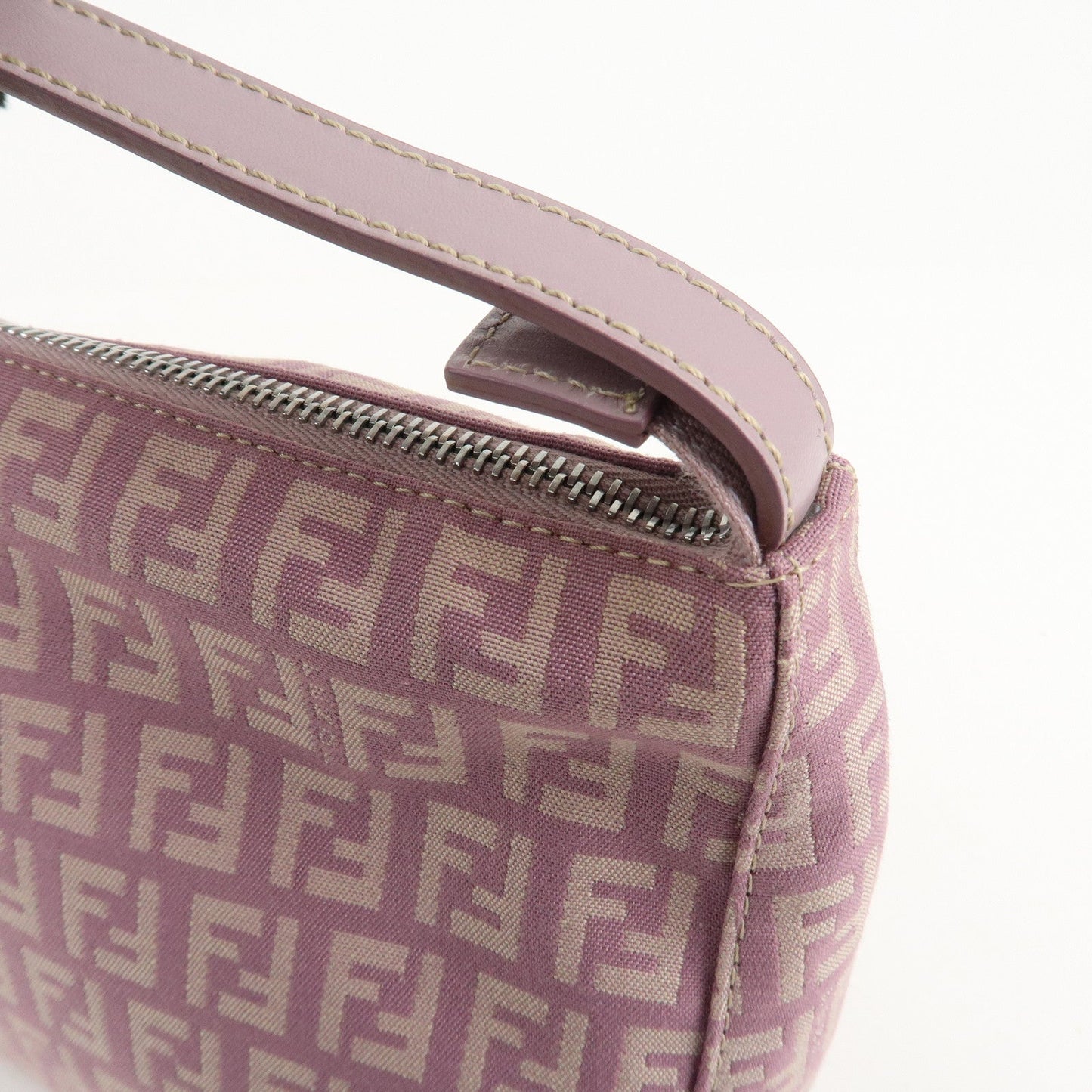 Auth FENDI  Zucchino Canvas Leather Hand Bag Pouch Purple Beige 8N0005  F/S
