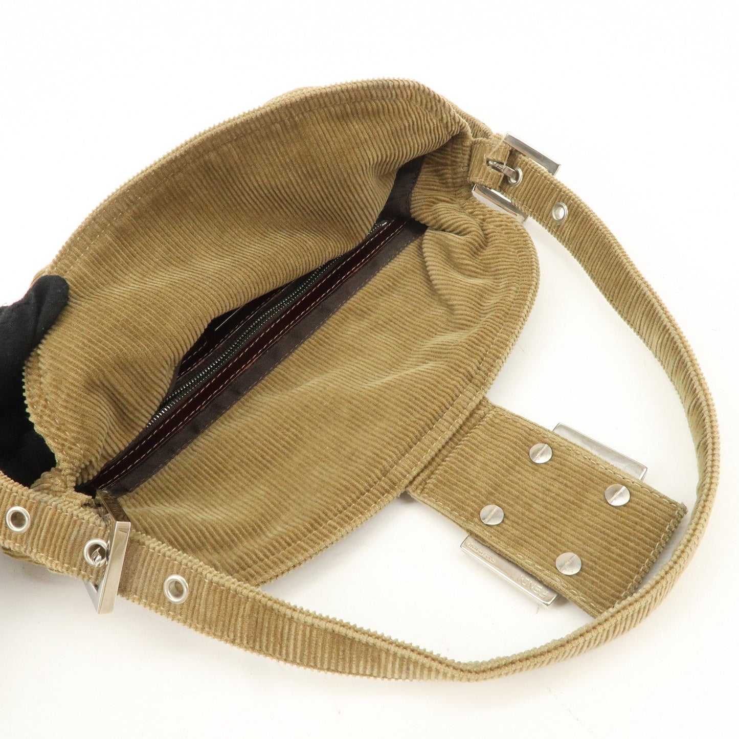 FENDI Mamma Baguette Corduroy Shoulder Bag Khaki 26725