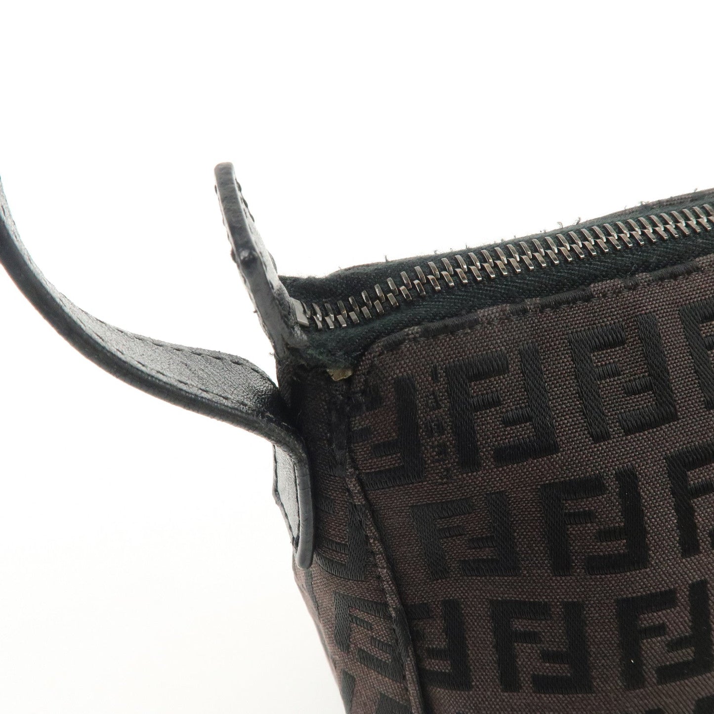 FENDI Zucchino Canvas Leather Shoulder Bag Dark Brown 8BR444