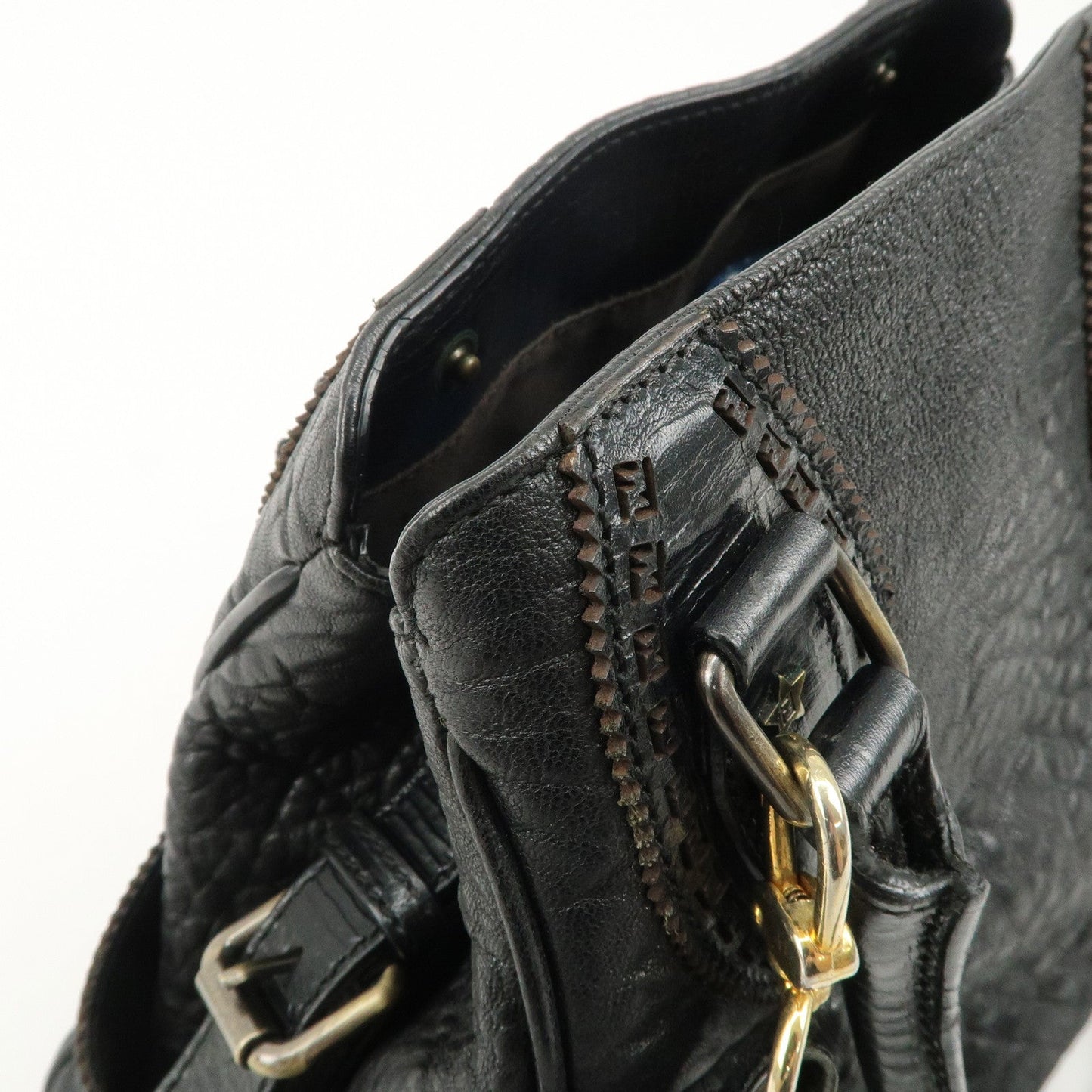 FENDI Ethnico Zucca Canvas Leather Shoulder Bag Black 8BN157