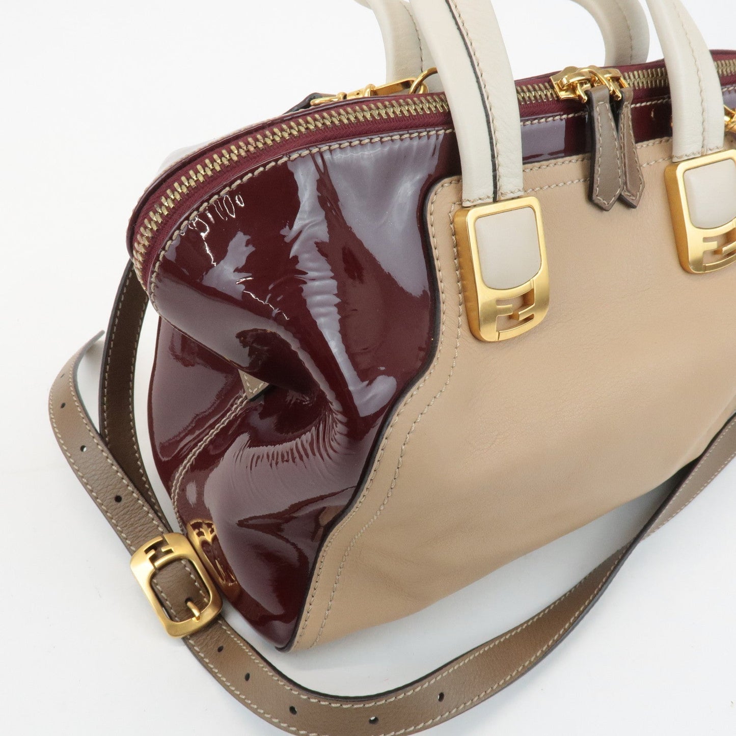 FENDI Chameleon Leather 2WAY Bag Hand Bag Beige Bordeaux 8BL114