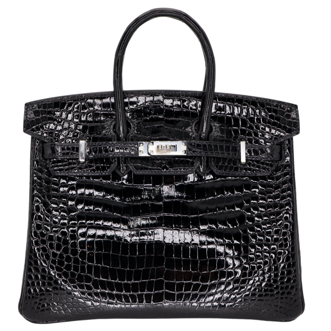 Hermes25cm Birkin Black Shiny Porosus Crocodile Palladium Hardware